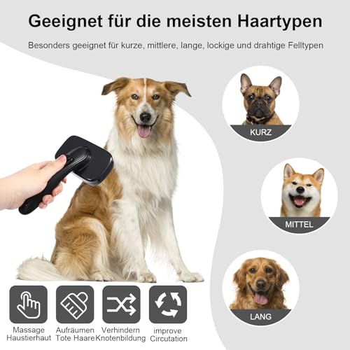 WOPQAEM Hundebürste für Hunde, Selbstreinigend Hundebürste Unterwolle und loses Fell, ideal für Langhaar und Kurzhaar, Sanft zur Haut, reduziert Haaren, Fellpflege Bürste, Schwarz