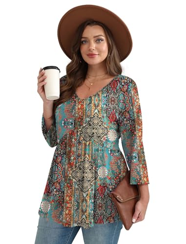 Image of OFEEFAN 3 /4 Length Sleeve Womens Tops 2026 Blouses for Women Dressy Casual Fashion Clothing V Neck Babydoll Tops Fall Outfits