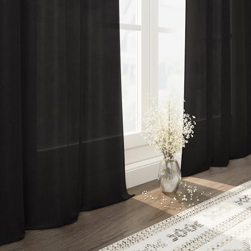Image of Nanspring Vintage Black Linen Curtains 84 Inch Length 2 Panels Set for Living Room Light Filtering Semi Sheer Curtain Back Tab Privacy Luxury Gothic Vintage Decor Drapes for Bedroom Office 52x84