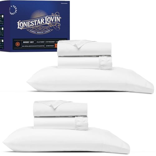 Image of TEXAS LINEN CO. 100% Egyptian Cotton Sheets Twin Size Set of 2 - Luxury 1000 Series Lonestar Lovin' Collection Twin Sheet Sets (6 PC, White), College Dorm Room 16 inch Deep Pocket Bed Sheet Set