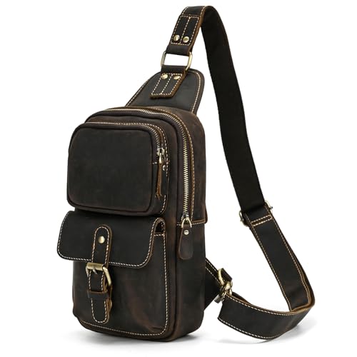 Sac de Poitrine Homme en Cuir Veritable Sacoche à Bandoulière Sacs a dos porté épaule Travers Pochettes des Sport Affaires Voyage, 9331 brun foncé