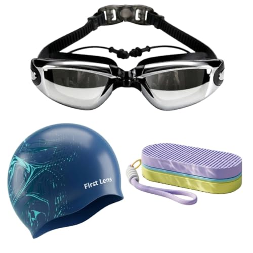 Image of First Lens Swimming Combo Pack with Anti-Fog Goggles, Swimm Cap & Protective Soft Storage Case - Silver Goggle + Aquawave Cap + Yellow purple Case