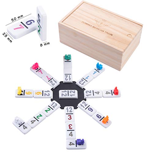 Engelhart – 250180 - Dominospel Mexicain trein met cijfers van topkwaliteit - Dubbel 12-versie - 2-8 spelers - 91 gekleurde - 8mm dikke dominostenen -Inclusief 8 gekleurde treinen - In houten schuifkist