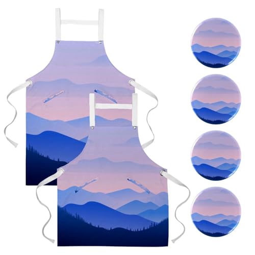 Tablier de cuisine lot de 2 avec motifs montagne et 4 broches ajustables