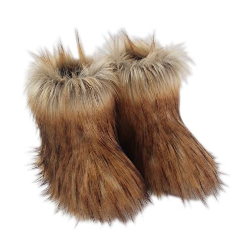 Gegefur Girls Boys Kids Faux Fur Boots Furry Fuzzy Fluffy Warm Winter Snow Boots Flat Shoes Outdoor (Raccoon 13.5)
