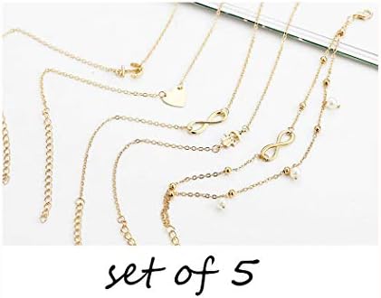 Brishow Boho Gold Anklets Pearl Tassels Ankle Bracelets Beach Cross Heart Pendant Anklet for Women and Girls(Set of 5)