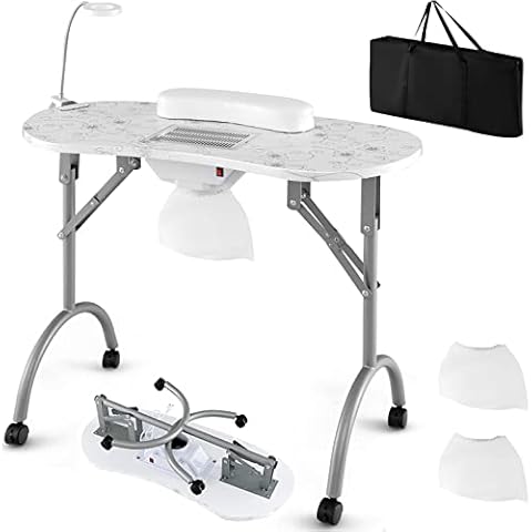 Giantex Portable Nail Table with Dust Collector and LED Lamp Cover