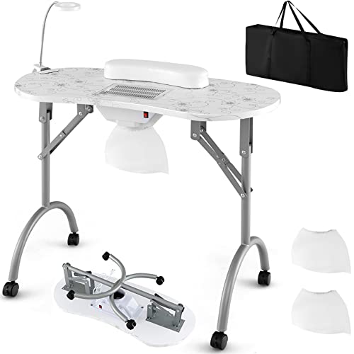 Giantex Nail Desk With Electric Dust Collector, Portable Manicure Table With Usb-Plug Led Table Lamp, Wrist Rest, 4 Lockable Casters, Carry Bag, Foldable Nail Table For Nail Tech (White) #TOP8