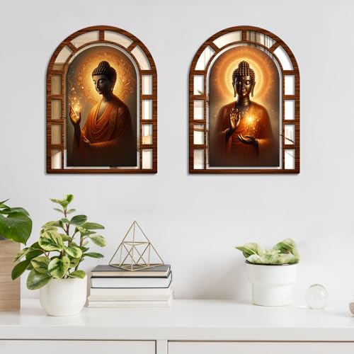 Image of Sehaz Artworks Buddha Mirror Jharokha Wall Decor for Living Room- 40x30 CM