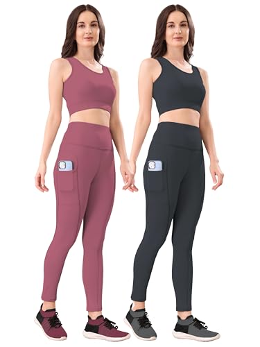 POOJARAN SAREE Women's 2-Piece Workout Set, High-Waist Leggings with Phone Side Pocket, Gym wear Track Suit, Sports Bra, Co-ord Set, Sports Running Suits, Yoga Wear Set, Pack of 2