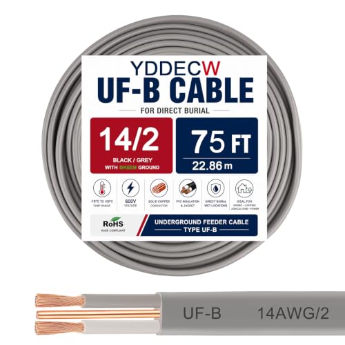 Image of 14 /2 UF-B Wire - 75FT 100% Pure Copper 14AWG 2 Connector Direct Burial Electrical Cable 14 Gauge for Underground Feeder Wet or Corrosive Locations Indoor & Outdoor etc