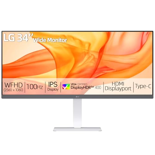 Image of LG 34 inch UltraWide Monitor, 21:9 WFHD (2560 x 1080) IPS Display, 100Hz Refresh Rate, VESA DisplayHDR 400, HDR10, Flicker Safe, USB Type-C, HDMI, DisplayPort, Height /Swivel /Tilt Adjustable Stand, White