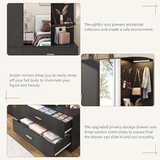 XVD Armoire Wardrobe Closet with Mirror & Sensor Light, Bedroom Armoire with 5 Doors & 2 Drawers, Modern Wooden Large Wardrobe Closet with Shelves, 4 Hooks, 2 Hanging Roods, Open Space, Black