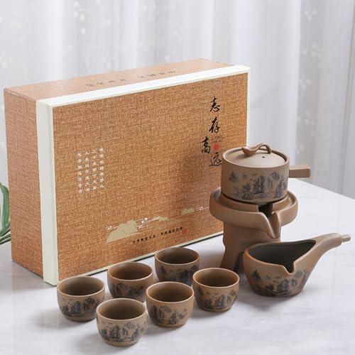 Image of Chinese Gongfu Tea Gift Set, Semi-Automatic Stone-Mill Design Ceramics Tea Set Rotate TeaPot 6 Cups for Adults Men Women Tea Ceremony Party Home Office Decor (landscape)