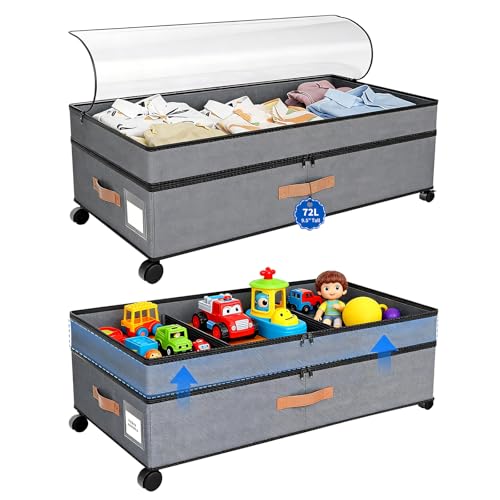 Lot de 2 Rangement Sous Lit à Roulettes avec Couvercle-72L Boite Rangement Sous Lit Pliable pour Vêtements, Couettes et Chaussures-Tiroir Sous Lit...