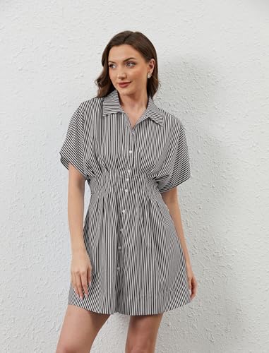 Image of calbatic Women Button Down Pleated Shirt Dress Striped Short Sleeve Summer Casual Business Flowy Mini Short Dress