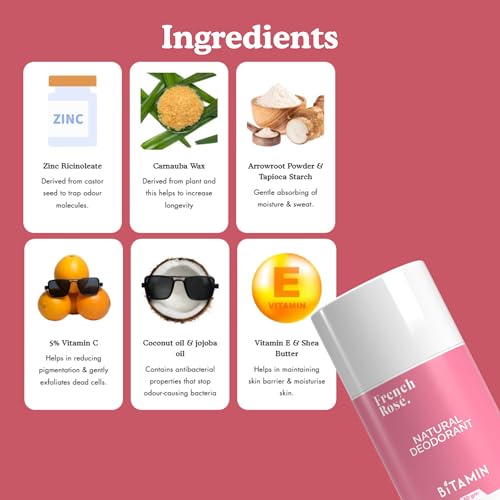 Image of Bitamin Natural Deodorant Underarm Roll On with 5% Vitamin C | Natural Deodorant for Men & Women | Made in India | No Aluminium, No Alcohol, No Parabens & No Triclosan | 8 Hour Odour Control | French Rose - 30g (Pack of 1)