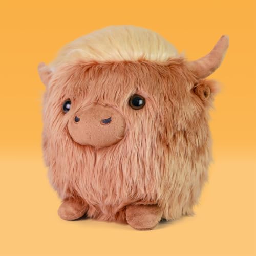 Image of Highland Cow Stuffed Animal, 14 inch Cute Scottish Cow Round Fluffy Pet Doll | Soft Farm Animal Plushie Pillow for Birthday Christmas Valentine's Day Home Decor