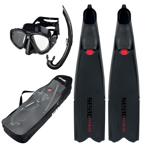 Set de Buceo Seac Motus Fin, Máscara y Snorkel Negro Talla 9.5-10 para Adultos