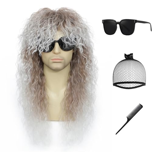 Image of Men's 80s Rocker Mullet Wig, Long Curly Fluffy Synthetic Hair Wig, Retro Heavy Metal Rockstar Wig for Halloween, Cosplay, 80s Theme Party, Disco Punk Costume (Brown with White)