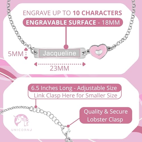 Image of UNICORNJ Sterling Silver 925 Engravable ID Bracelet Rolo Chain for Girls Heart with Pink Enamel 6.5 inch