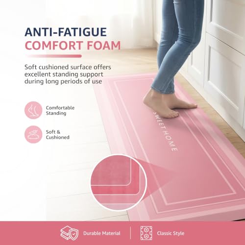 Image of Amazon Brand - Solimo Silicone Kitchen & Bath Mat (Pack of 2) | Pink | Anti-Fatigue Comfort Foam | Waterproof & Anti-Slip | 60 x 40 cm & 40 x 120 cm| Quick-Dry & Easy Clean