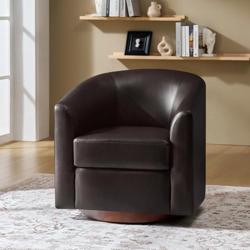 Image of HULALA HOME Faux Leather Swivel Accent Chair with Solid Wood Base, Round Swivel Barrel Chair for Living Room and Bedroom, No Assembly Required, Brown