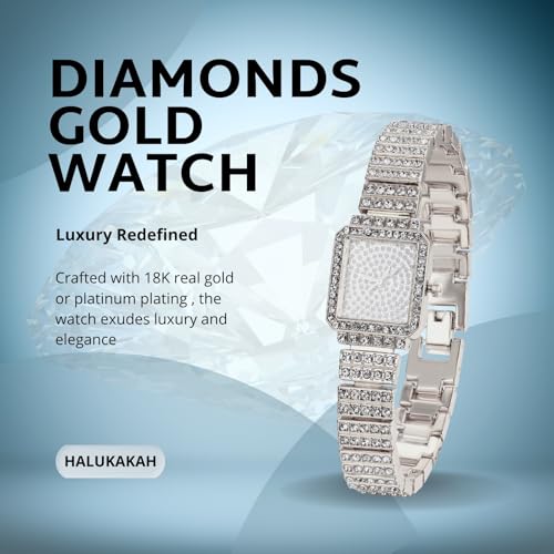 Halukakah Kids' Diamond Watch Sparkling Starry: 18k Real Gold/Platinum Plated,Elegant & Casual Rectangle Dial,Full of Diamonds,Stainless Steel Band Quartz Watch,Present for Boys and Girls2