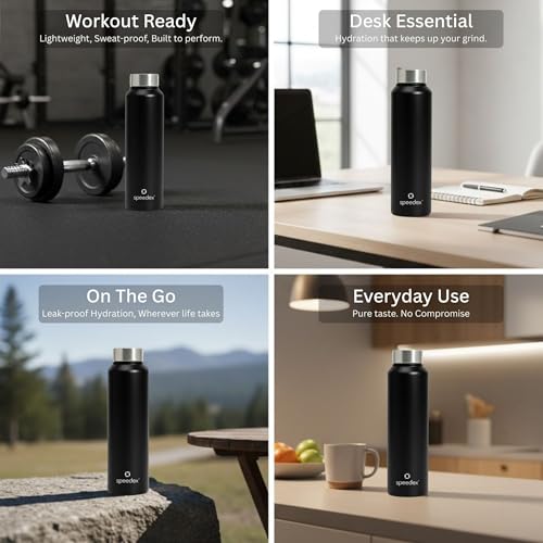 Image of Speedex Stainless Steel Water Bottle 1 Ltr, Leak Proof Screw Cap, BIS Approved 1000 ml Metal Bottle For Daily, Office, School, Gym, Travel Use for Men, Women, Kids, Adults, Black, Set of 1