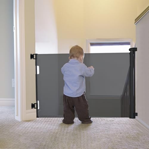 Image of Fijinhom Retractable Baby Gate Indoor Outdoor Safety Gate for Baby and Dog Gate Extends to 55'' Wide 35'' Tall Child Safety Gate Mesh Gate for Stairs, Door