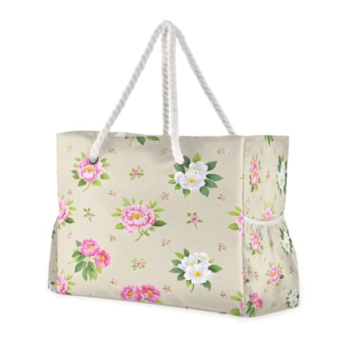 Beach Bag - Large Tote Bags for Women Peony Flower Pattern Shoulder Bags Zipper Waterproof Sandproof for Travel Gym Swim Daily