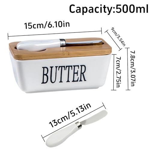 Porcelain Butter Dish with Knife & Wooden Lid, Airtight Butter Dish Butter Holder with Covers, Butter Box for Butter, Nuts, Cheese - Image 3