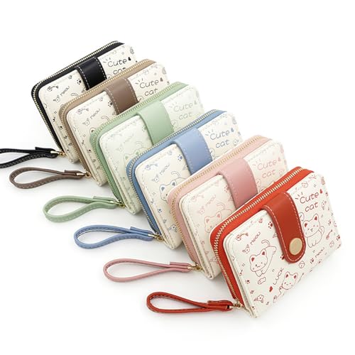 Image of Farcauo Cat Pattern Wallet for Women and Ladies Small Cute Kawaii Red Coin Purse with ID Window and Credit Card Holder Compact Wallet for Women and Ladies