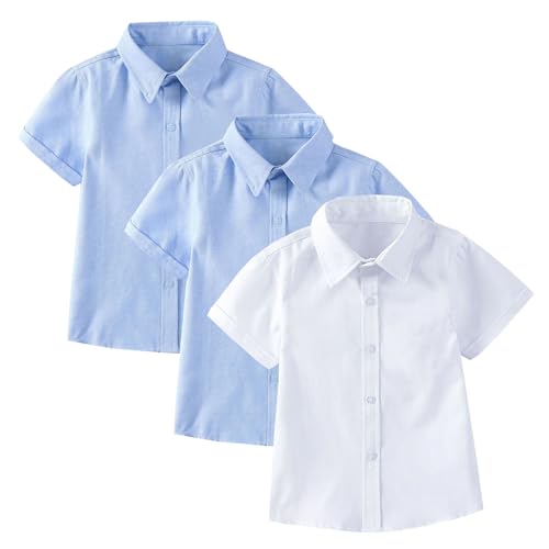 Boys Girls 3-Piece Dress Shirt Set Short Sleeve Turn-Down Collar Shirts with Bow Tie Summer Casual Student School Uniform Outfit Tops Size 2-15 Years