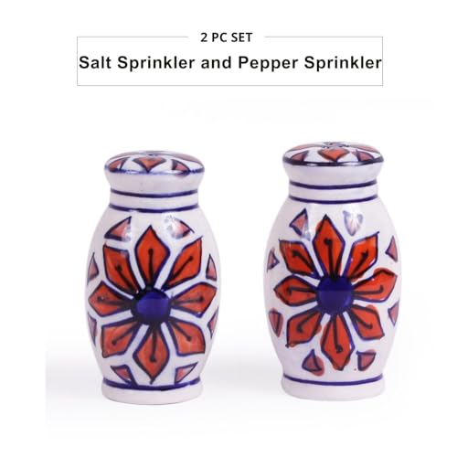Image of VarEesha Hand Painted Orange Flowers on White Ceramic Salt n Pepper Set for Dining Table Used as Namak Dhani, Shaker, Sprinkler for Home, Kitchen and Restaurant