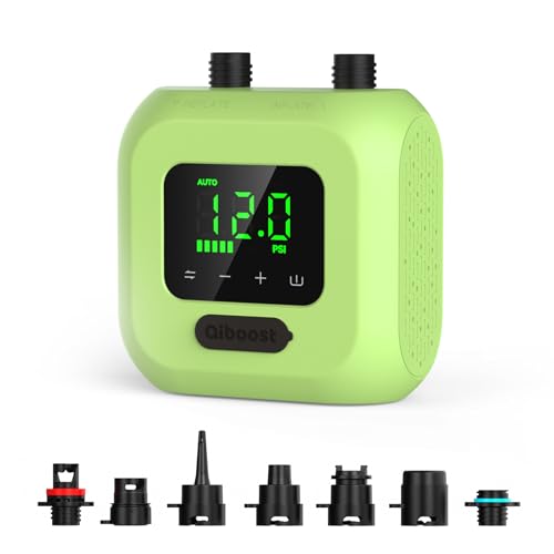 Qiboost Electric SUP Air Pump with Battery 20 PSI High Pressure Rechargeable Paddle Board Pump Dual Stage Inflation Auto Shut-Off for Kayak Kite Wings Tents & Air Mattresses