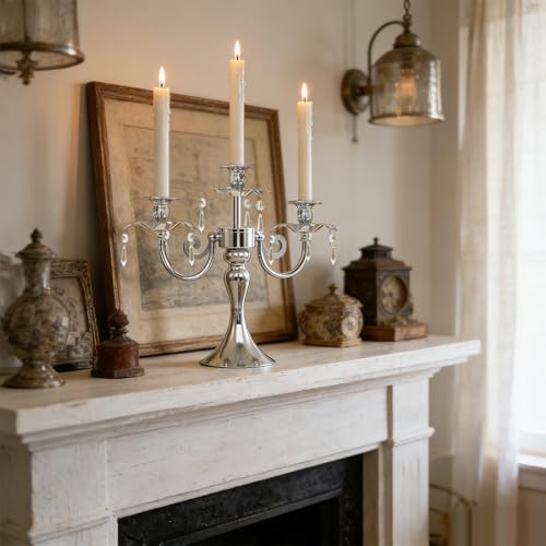 Image of Metal 3 Arm Taper Candlestick Stand with Crystal Pendants - 11.8 Inch Tall Candle Holders, Elegant Centerpieces Candelabra for Wedding, Dining Table, Christmas Party (6Pcs, Silver)