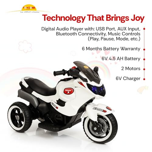 Image of Toyzone Trendy Bike White | Rechargeable Bike 6V | Powered by 6.5 AH Battery | Music Player with Bluetoooth & USB | 6 Month Battery Warranty | Make in India | for Kids 2+ Years