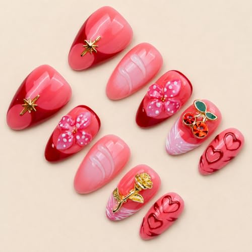 IntoVibes Handmade Short Almond Press On Nails, Burgundy Cherry And Gold Stem Design, 10 Pieces Reusable Acrylic False Nails, Size Large — view 2