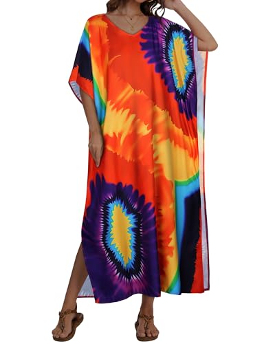 Image of Kaftan Dresses for Women V Neck Caftan Batwing Sleeve Swimsuit Cover Up | JILUVIN Plus Size Beach Swimwear Dress, Loose Fit Maxi Print Moomoo, Casual Mumu Nightgown Mrs Roper Costumes Vocation 2026