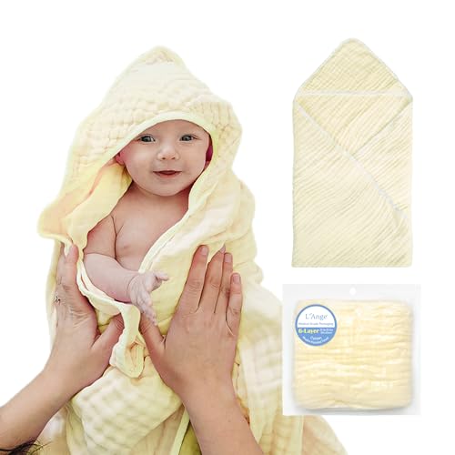 Image of L'Ange Muslin Hooded Baby Towel - Infant Bath Towel with Hood for Newborn Babies Boy or Girl - 100% Cotton - Pack of 1 - Ready to Use Medical Grade Packaging - 6 Layers - Yellow - 25.5x25.5 in