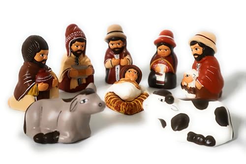 Nativity Set Christmas Decor Ceramic Terra-Cotta Colors, Peruvian Handmade Pottery Folk Art Nacimiento Small Scene 3.5
