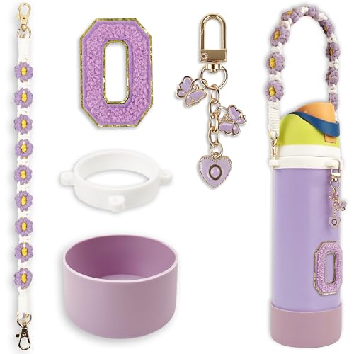 Silicone Boot Cute Monogram Set Compatible with Owala Water Bottle 24 oz - Perfect Letter Owala Accessories for Owala Tumbler, Owala Free Sip, Pink Owala, Black Owala, owala coffee tumbler (Purple, O)
