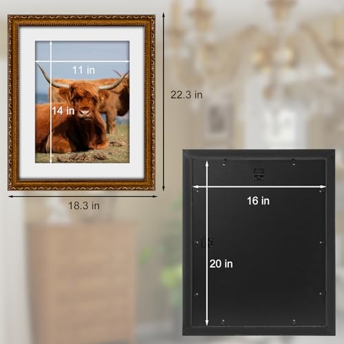 Image of 16x20 Frames with Mat Wood 16 x 20 Picture Frame for Wall | Real Glass, Matted 11x14 or 16 x 20 Photos, Easy Photo Changes, Wall Hanging