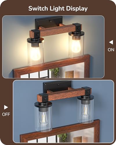 Image of EDISHINE 2-Light Painted Wood Wall Sconces, Farmhouse Vanity Light Fixture | Clear Glass Shade, Up & Down Mounting Optional, E26 Base, Rustic Charm, Waterproof for Bedroom, Powder Room