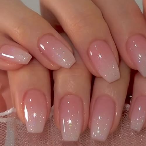 Glitter Ombre Pink Short Coffin Short Coffin Press on Nails Medium Press ons, Medium Square Glue on Nails Fake Nails for Women, Ballerina T Shape Acrylic Nail Natural Handmade