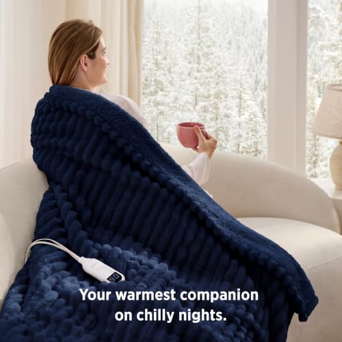 Image of Bedsure Thick Heated Blanket Electric Throw with Preheat, Navy Blue 50 inchx60 inch