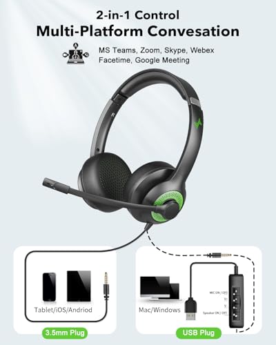 Image of JIAMQISHI USB Headset with Mic for PC, On-Ear Computer Laptop Headphones with Noise Cancelling Microphone in-line Control for Home Office Online Class Skype Zoom (USB+3.5mm, Green)