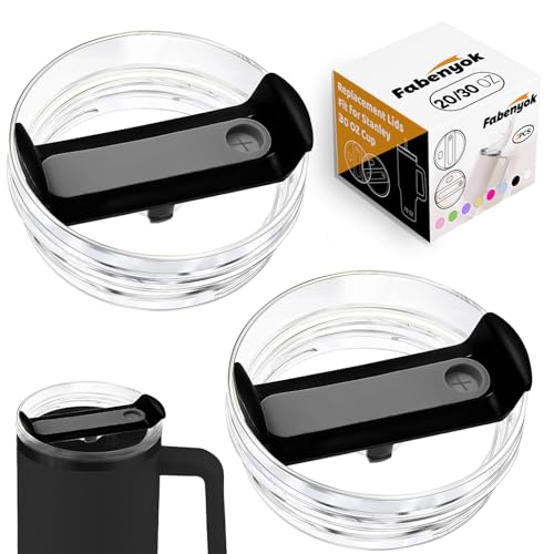 Fabenyok 20 OZ 30 OZ Tumbler Lid Replacement Fit for Stanley Cup, 2 Pack Replacement Lids Fit for Stanley Quencher H2.0, Spill Proof Tumbler Top Covers for Stanley Cup Accessories(Clear - Black)