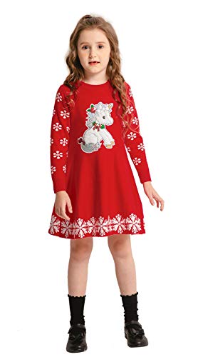 SMILING PINKER Girls Christmas Dress Unicorn Snowflake Crew Neck Long Sleeve Winter Sweater